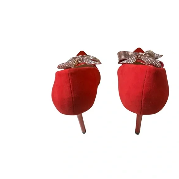 Journee Collection Marcie Red Pumps Women Size 7.5 Rhinestone Bow Stiletto Heels - Picture 3 of 6